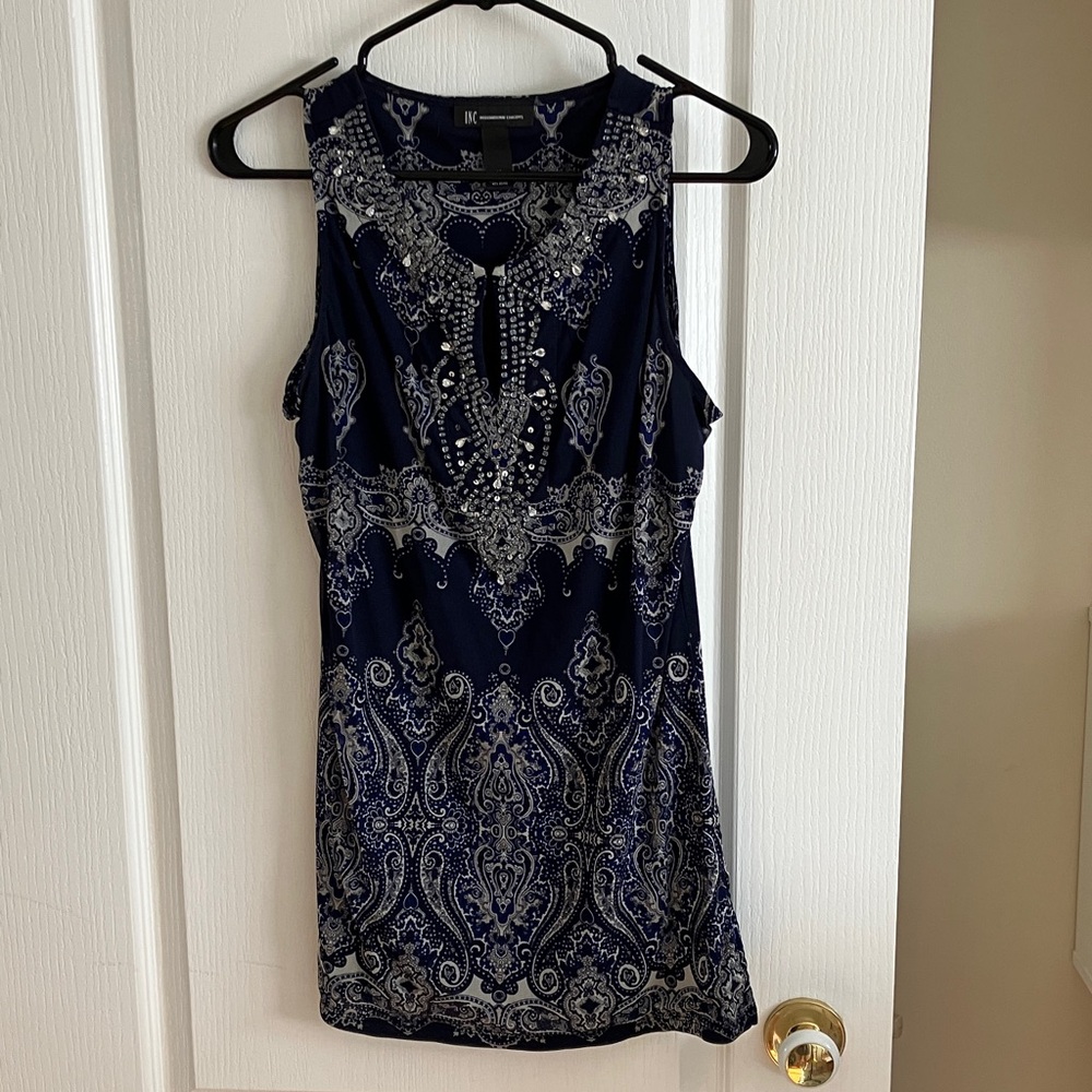 INC International Concepts Navy Blue and White Patterned Top
